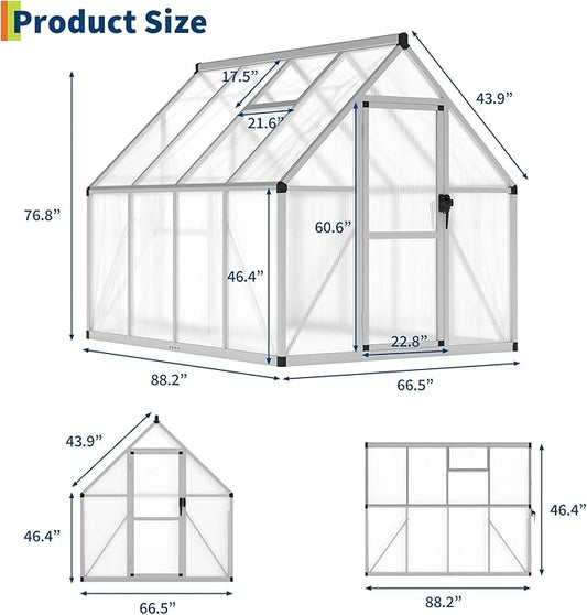 IDEALHOUSE 6x7 FT Greenhouse for Outdoors, Lockable Door and Ajustable Roof Vent, Polycarbonate Greenhouse with Windproof Aluminum Frame, Aluminum Walk-in Greenhouses, for Backyard, Lawn