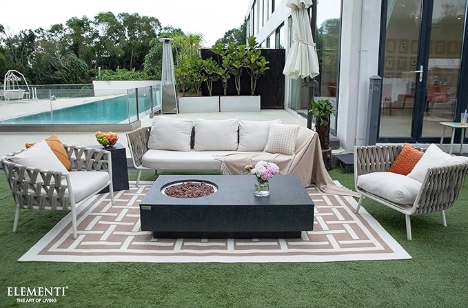 Elementi Metropolis Gas Fire Pit Cast Concrete Fire Table, Outdoor Fire Pit Electronic Ignition | Canvas Cover, Lava Rock Included | Free AMS Wind Guard | Dark Gray (Propane Gas)