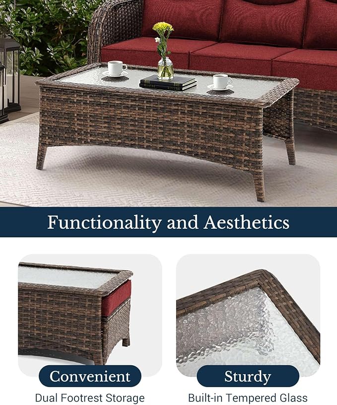 HILLGA Luxury Patio Furniture Set with 6-Inch Thick Cushions, High Back Outdoor Swivel Rocker Chairs and Patio Couch, 11-Piece All Weather Conversation Set for Porch Deck Pool Yard, Burgundy (V3)