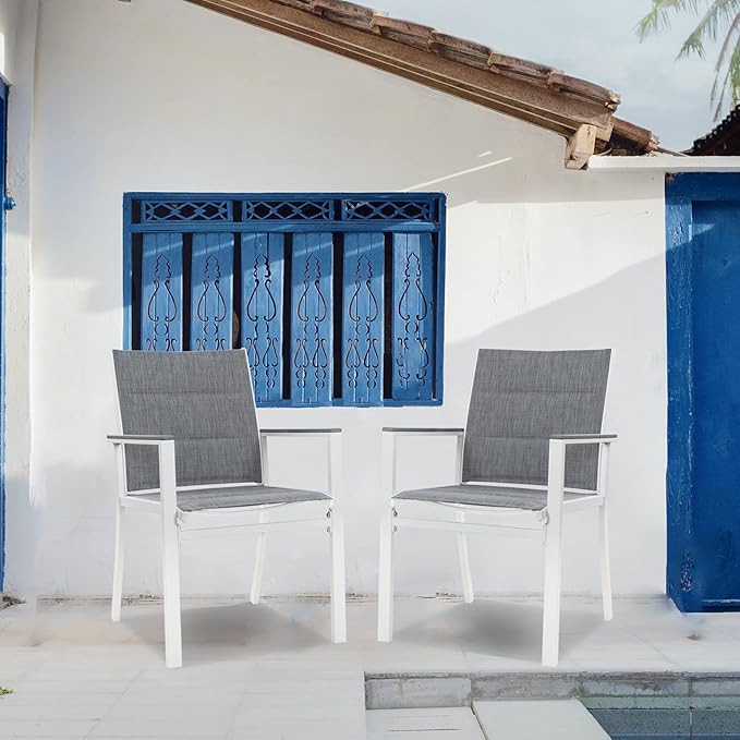 Kozyard Villa Outdoor Aluminum Patio Dining Chair (White Frame, Gray Paded Textilence, Pack of 2)