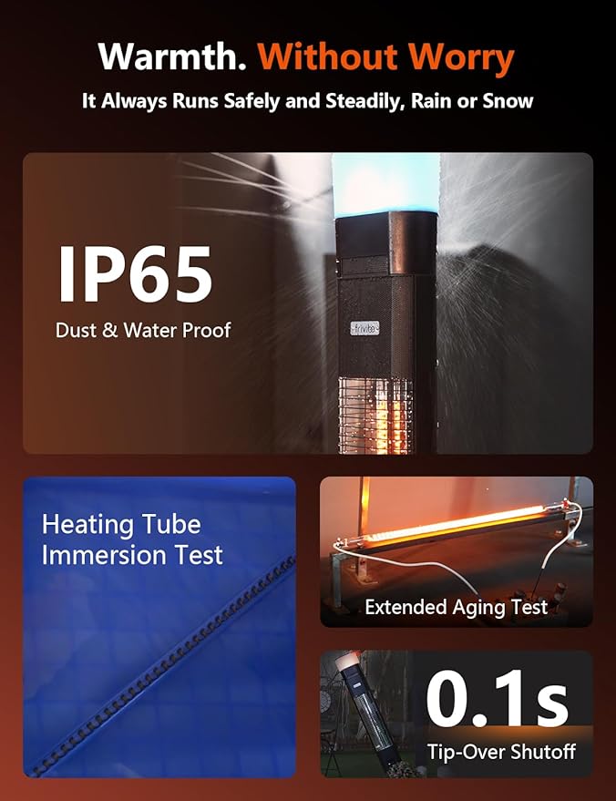 Outdoor Electric Patio Heater, Built-in Speaker & RGB Mood Light, 43 inch, 1500W Infrared Tower Heater with 5-Heat Levels, IP65 Waterproof, 24H Timer, Aluminum Unibody, For Garage, Bedroom, Deck Use