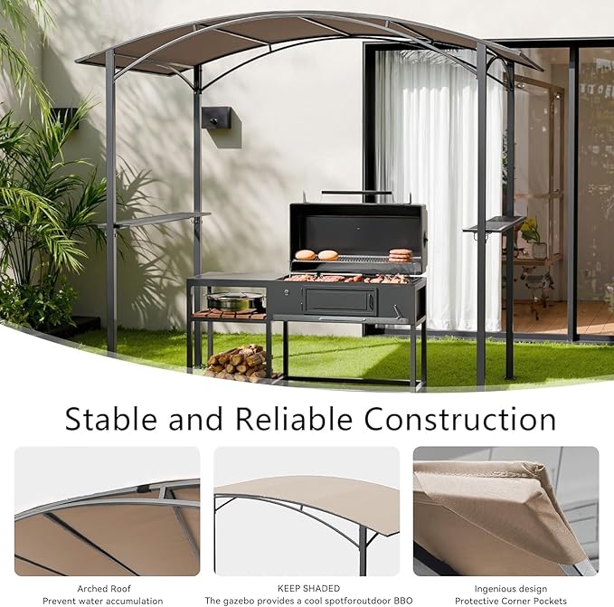 8x5 Metal Grill Gazebo - Outdoor BBQ Canopy Shelter with 2 Side Shelves for Patio Backyard Grilling and Barbecue Picnic,Brown