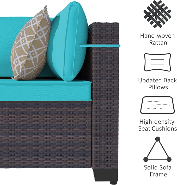 Outdoor Patio Furniture Set with Gas Fire Pit Table, 13 Pieces Outdoor Furniture Set Patio Sectional Sofa w/43in 55000 BTU Propane Fire Pit, PE Wicker Rattan Patio Conversation Sets - Teal