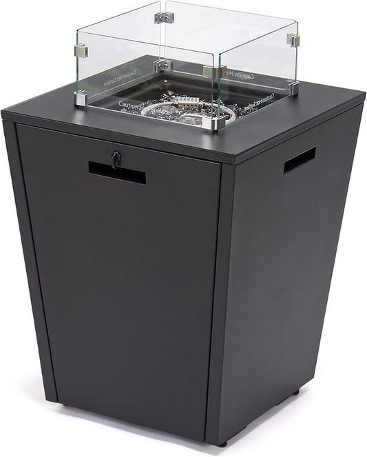 LeisureMod Chelsea 32" Modern Gas Fire Pit Table – 37,000 BTU CSA Certified Propane Steel Outdoor Table with Tempered Glass Wind Guard and Lid for Patio (Black)