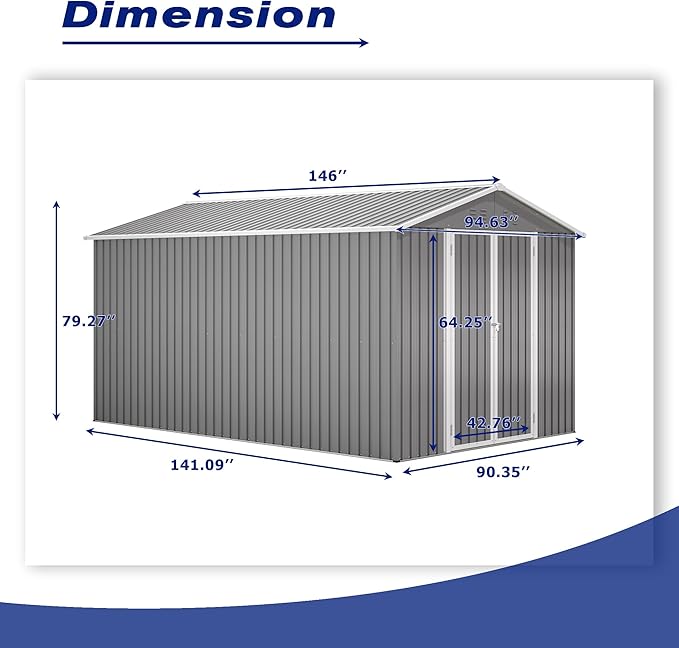 8 * 12 FT Outdoor Storage Shed with Floor Frame Heavy-Duty Metal Sheds & Outdoor Storage with Vents, Sloping Roof and Lockable Doors Waterproof Garden Tool Shed for Backyard Patio Lawn, Grey