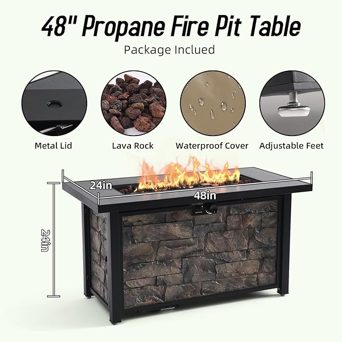 48 x 24 Inch Ceramic Tabletop Propane Fire Pit, 50000 BTU Fire Table with Metal Lid,Lava Rocks & Waterproof Cover, for Outside Patio, Deck, Garden&Backyards, Wide Top Surface, Christmas