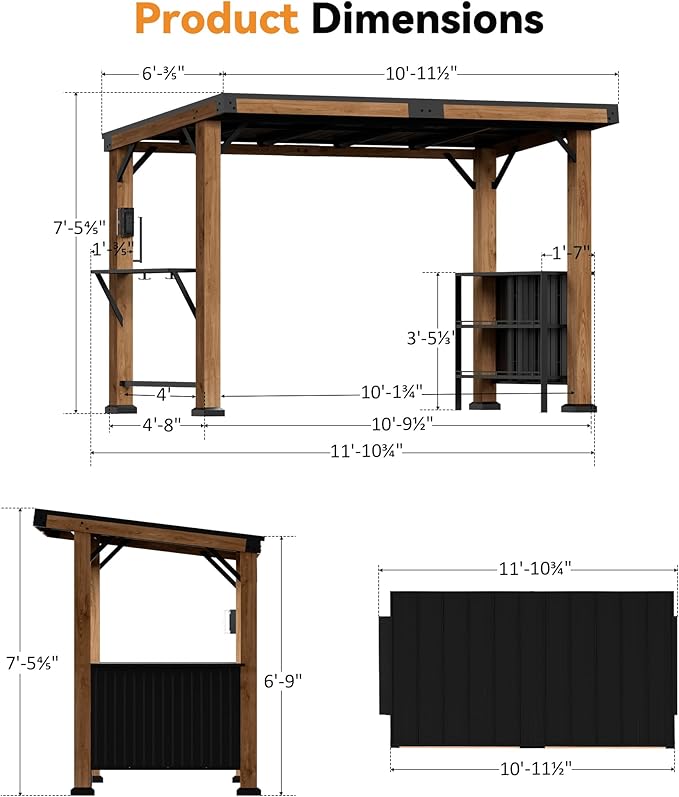 Modern Shade Woodberry Grill Gazebo 6' X 12', Cedar Wood Gazebo with Dual bar Tops & Shelves, Patio Pavilion with Galvanized Steel Roof, USB and USB-C connectors for Patio, Garden