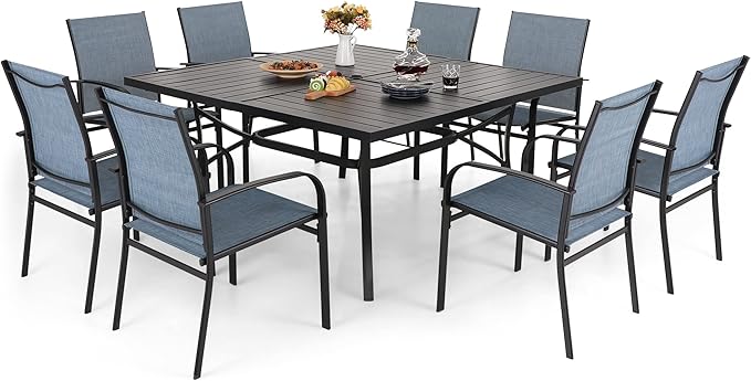 9 Pieces Patio Table and Chairs Set, Patio Dining Set for 8, 8 Blue Textilene Chairs and 1 Large Square Patio Dining Table with Umbrella Hole, for Deck Backyard Lawn Poolside