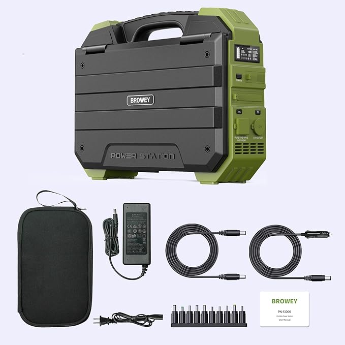 BROWEY Portable Power Station, 1000W (Peak 2000W) Solar Generator with Built-in Solar Panel, 614WH LiFePO4 Battery Pack, AC/DC/USB/PD Outputs, for Outdoor Camping, RV Travel, Emergency Preparedness