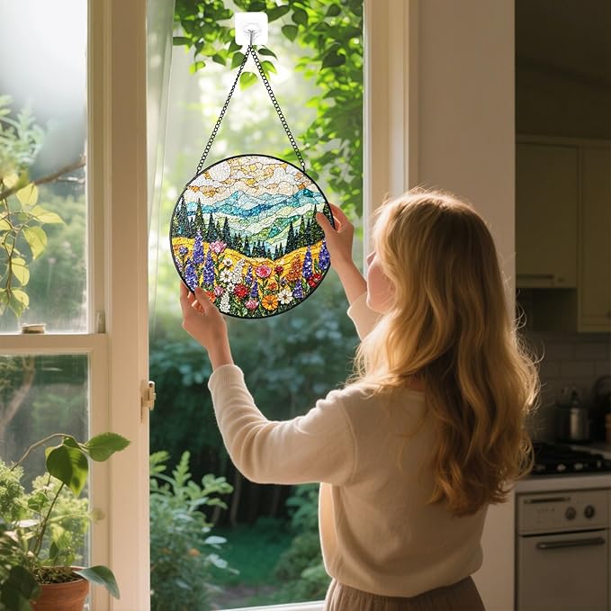 Stained Glass Window Hanging, Colorful Flowers Mountain Stained Glass Suncatchers Indoor Windows Glass Panel Garden Hanging Decor Birthday for Women 6.3 in