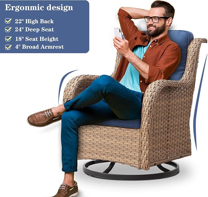 Belord Wicker Outdoor Furniture Patio Furniture Set - 6 Piece Patio Conversation Set with Swivel Rocker Chairs, Loveseat Sofa, Ottomans and Coffee Table, Blue Cushion