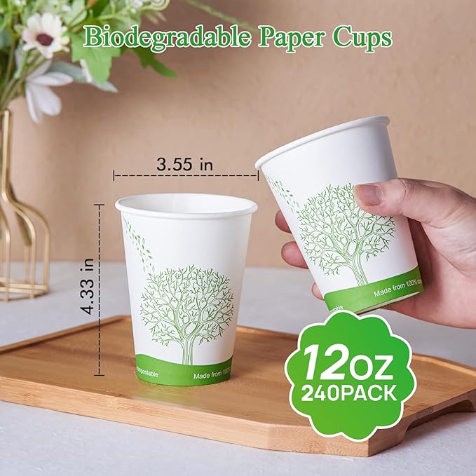 ECOLipak 240 Count 12 oz Compostable Paper Cups, Biodegradable Disposable Paper Coffee Cups with PLA Lined, Eco-friendly Hot Drinking Cups for Party, Picnic,Travel,and Events