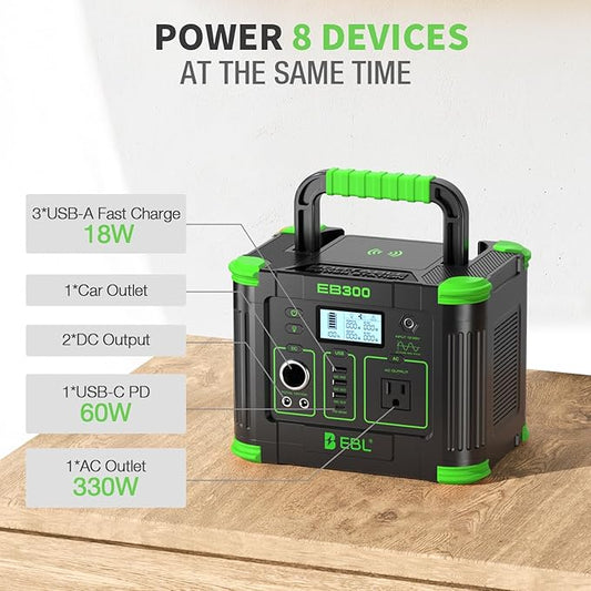 EBL Portable Power Station, 330W 288.6Wh Solar Generator 60W USB-C PD, 5W Wireless Charger, SOS Emergency Light, Multi-Port Power Supply for Outdoor Camping, Home Blackout, RV Travel