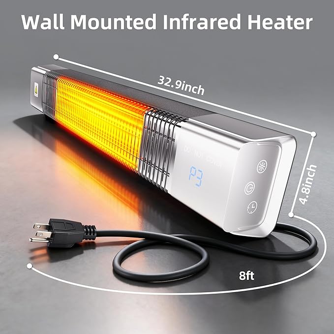 Patio Heater,1500W Outdoor Heaters,Wall Mounted Electric Heater With Remote,24H Timer,Overheat Protection,3 Heat Levels,Waterproof,Infrared Heater For Indoor,Garage,Backyard,Porch,Basement Use,Silver