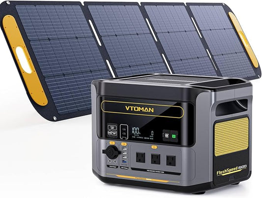 VTOMAN FlashSpeed 1500 Portable Power Station with 200W Pro Solar Panel, 1548Wh LiFePO4 Solar Generator, 1 Hour Fast Charge, 1500W AC Output for Off-Grid, Camping, RV and Home Backup, Emergencies