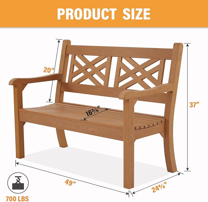 Psilvam 49''W All-Weather Poly Lumber Outdoor Bench – Grey, 2-Person Garden Bench with Decorative Backrest & Curved Armrests, Anti-Fade Patio Bench for Porch, Backyard, and Park(Teak Color)