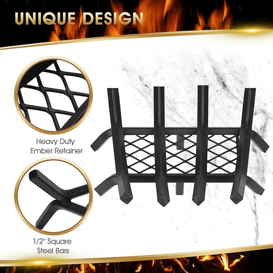 Fireplace Grate 17 "Heavy Duty with Ember Retainer, 1/2” Bar Fire Log Grate for Inside Fireplace, Fireplace Assectories, Chimney Hearth Wood Stove Burning Rack Holder,Wood Stove Grate for Outdoor