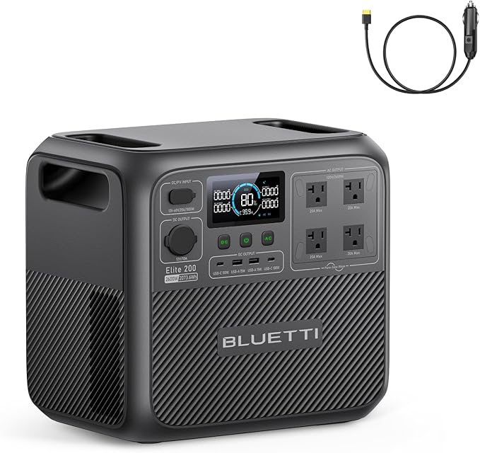 BLUETTI Elite 200 V2 Portable Power Station with Car Charging Cable (Car Port to XT60), 2073.6Wh LFP Battery Backup w/ 4 2600W AC Outlets, 17-Year Lifespan, Solar Generator for Camping, Off-grid