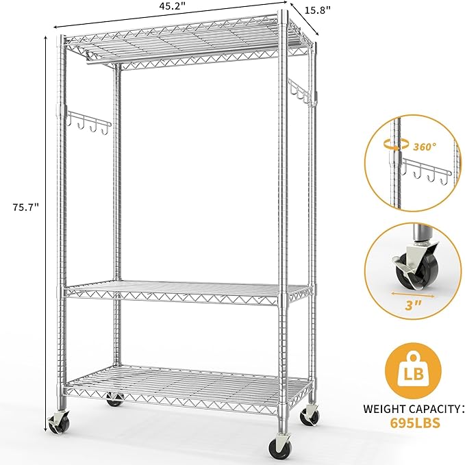 75" Clothes Rack with Wheels, 694LBS Load Heavy Duty Metal Garment Rack with 22 mm pipes, Freestanding Clothing Racks with Adjustable Storage Shelves Hanging Rod & Side Hooks for Hanging Clothes