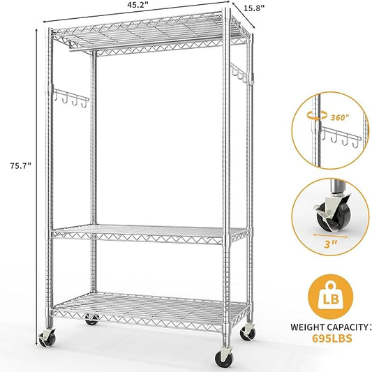 75" Clothes Rack with Wheels, 694LBS Load Heavy Duty Metal Garment Rack with 22 mm pipes, Freestanding Clothing Racks with Adjustable Storage Shelves Hanging Rod & Side Hooks for Hanging Clothes