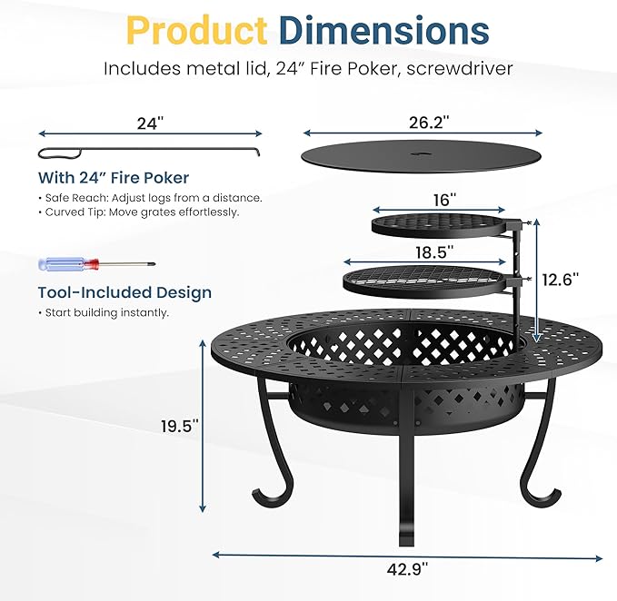 Wisteria Lane 3 in 1 43" Extra Large Fire Pit for Outside Wood Burning with 2 Adjustable Grills, Outdoor Fireplace with Lid and Fire Poker, BBQ & Bonfire & Round Metal Table for Patio, Backyard