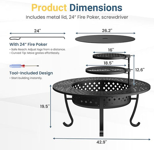 Wisteria Lane 3 in 1 43" Extra Large Fire Pit for Outside Wood Burning with 2 Adjustable Grills, Outdoor Fireplace with Lid and Fire Poker, BBQ & Bonfire & Round Metal Table for Patio, Backyard