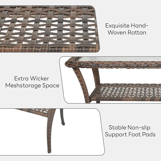 Belord 38 Inch Outdoor Coffee Table with 2 Tier Storage - Wicker Coffee Table with Water Ripple Texture Tempered Glass Top, All Weather Patio Coffee Table for Deck Porch Balcony Garden Brown