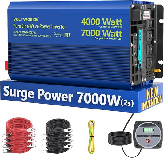 4000 Watt Inverter Pure Sine Wave Power Inverter 12V to 110V 120V AC, 7000W Surge Peak Power for 2s, 2025 New Invention, FCC Approved, Compatible with Lithium Battery,for Car Off-Grid Solar RV Vehicle