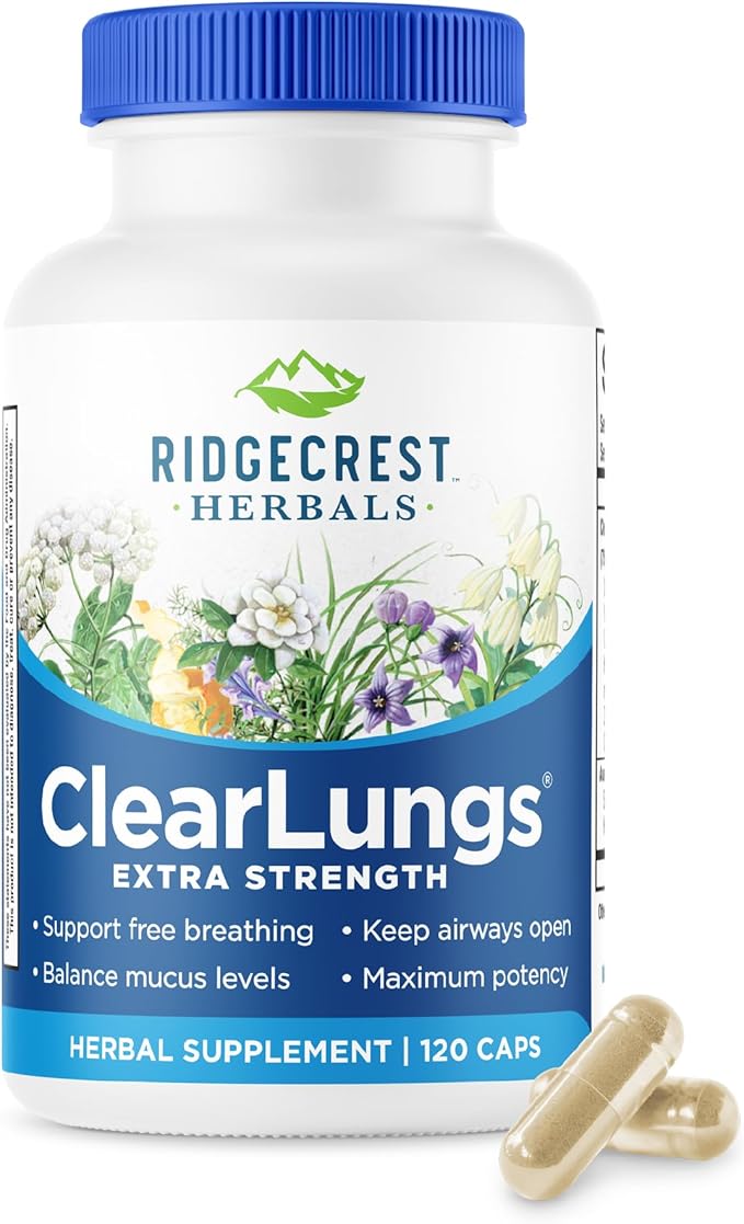 RidgeCrest Herbals ClearLungs Extra Strength, Daily Health Supplement, Natural Lung and Nasal Wellness Formula for Bronchial, Respiratory, Immune, Sinus, and Mucus Support (120 Vegan Caps, 60 Serv)