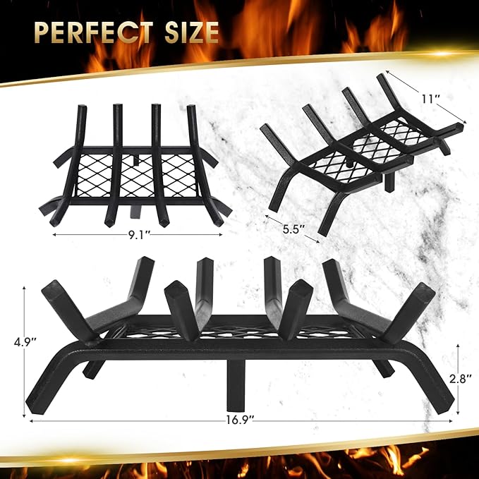Fireplace Grate 17 "Heavy Duty with Ember Retainer, 1/2” Bar Fire Log Grate for Inside Fireplace, Fireplace Assectories, Chimney Hearth Wood Stove Burning Rack Holder,Wood Stove Grate for Outdoor