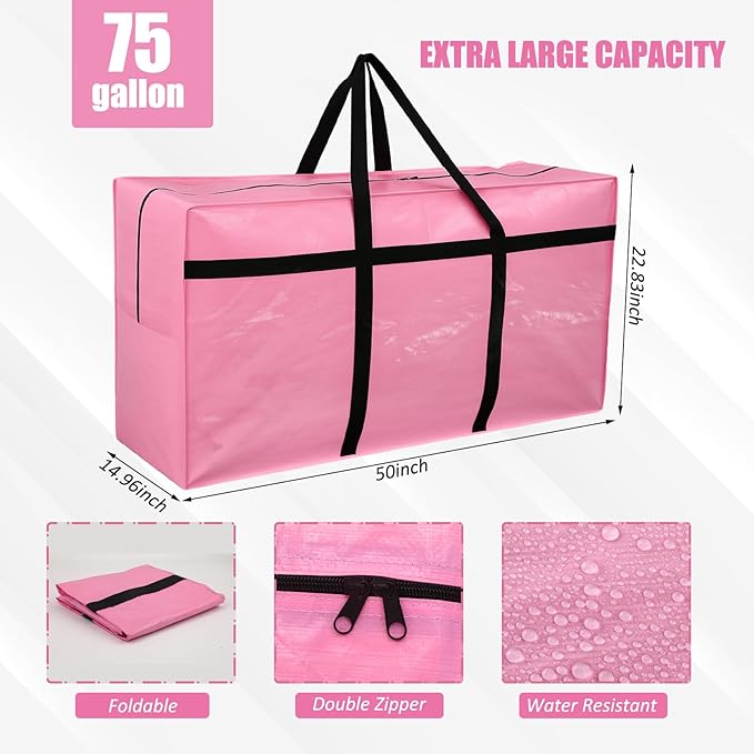 Windyun 4 Pack Extra Large Storage Bags XXL Moving Bag with Zipper Strong Handle Heavy Duty Jumbo Big Totes Moving Box Foldable Duffle for College Dorm Travel Clothes Space(75 Gallon,Pink)