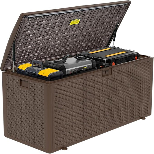 TARKARI Premium Pro Edition 180 Gallon Lockable Resin Deck Box, Waterproof & UV-Resistant Outdoor Storage Box for Outdoor Cushion Storage, Garden Tools & Pool Accessories Storage, Brown