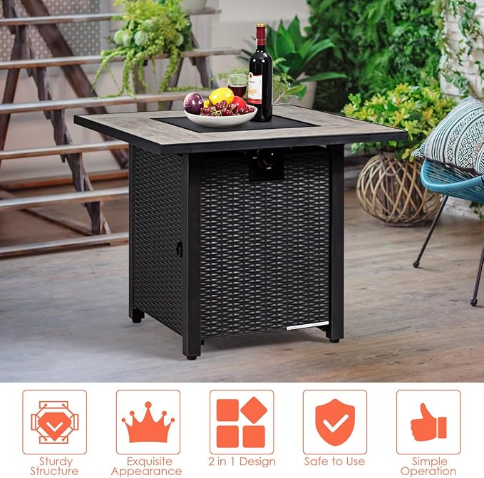 Giantex Propane Fire Pit Table, 30 inch 50,000 BTU Square Gas Firepits w/Ceramic Tabletop, Emboss Gas Heater w/Lava Rock, Waterproof Cover, ETL and CSA Certification for Outside(Black & Gray)
