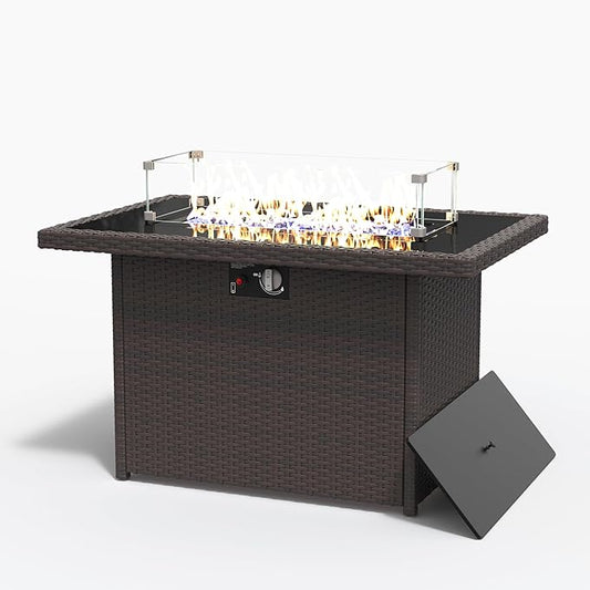 Rectangular Fire Pit Table, 44 inch Propane Gas Fire Pit with Glass Rocks, Wind Guard Glass Shield, Waterproof Cover for Outside Patio Backyard Deck Balcony