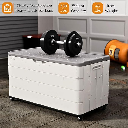ZZM 110 Gallon Outdoor Deck Box with Wheels, Waterproof Resin Storage Cabinet for Patio