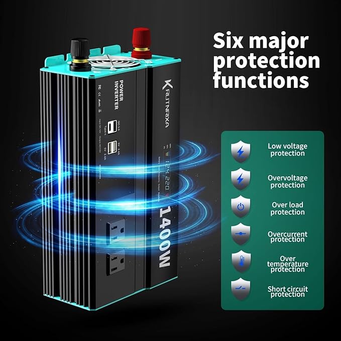 Power Inverters 500W 12V DC to 110V AC Converter for Vehicles USB-C/PD 25W Fast Charging Ports Car Charger Adapter with a Cigarette Lighter Ports Plug Outlet(Modified sine wave-1400W)