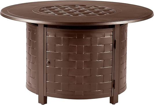 Round 44 in. x 44 in. Aluminum Propane Fire Pit Table with Glass Beads, Two Covers, Lid, 57,000 BTUs in Brown Finish
