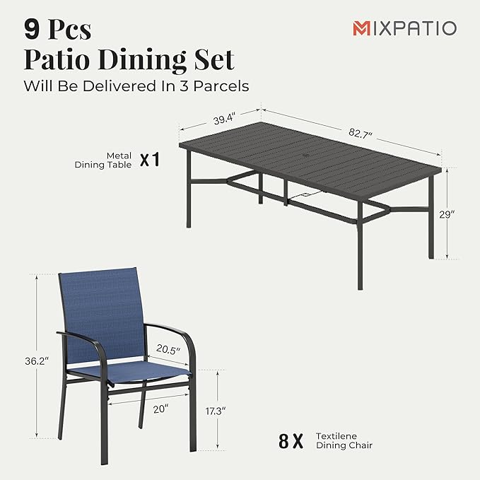 9 Pieces Patio Table and Chairs Set, Patio Dining Set for 8, 8 Textilene Chairs and 1 83” Rectangular Patio Dining Table with Umbrella Hole, for Deck Backyard Lawn Poolside, Blue