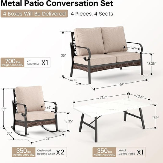4 Piece Metal Outdoor Patio Furniture Sets, Patio Conversation Sets 1 Loveseat, 2 Rocking Sofa with 5.75" Extra Thick Cushion and Coffee Table, Balck Frame Backyard Furniture, Beige