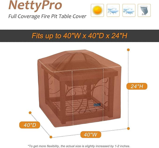 NettyPro Fire Pit Cover Square Waterproof Outdoor Firepit Cover for Gas Propane Fire Pit Table, 40 x 40 x 24 inch, Brown