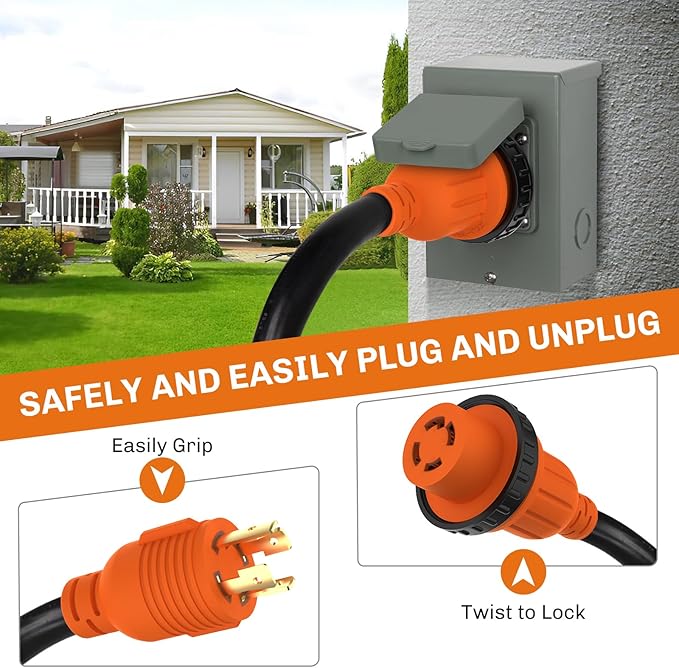 WELLUCK 30 Amp Emergency Power Combo Kit with L14-30P Inlet Box and 15 FT Power Cord, 30A Generator Power Inlet Box, NEMA L14-30P to L14-30R RV Power Extension Cord with Grip Handle, ETL Listed