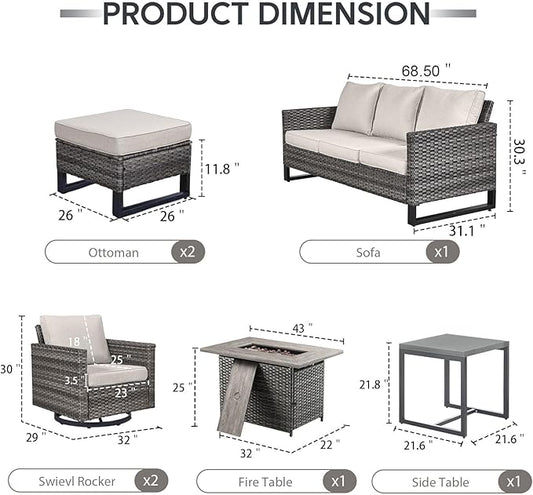 7 Piece Wicker Patio Furniture with Fire Pit Table - Outdoor Conversation Set with 50,000 BTU Fire Pit, All Weather Rattan Patio Set for Deck Backyard Garden - Grey Wicker Beige Cushion