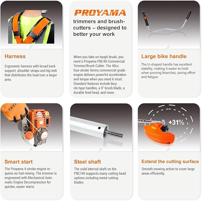 PROYAMA 40cc Gas Powered Brush Cutter, 4-Cycle Heavy Duty Weed Eater, 3 in 1 Dual Line Gas String Trimmer and Grass Trimmer, Weed Wacker
