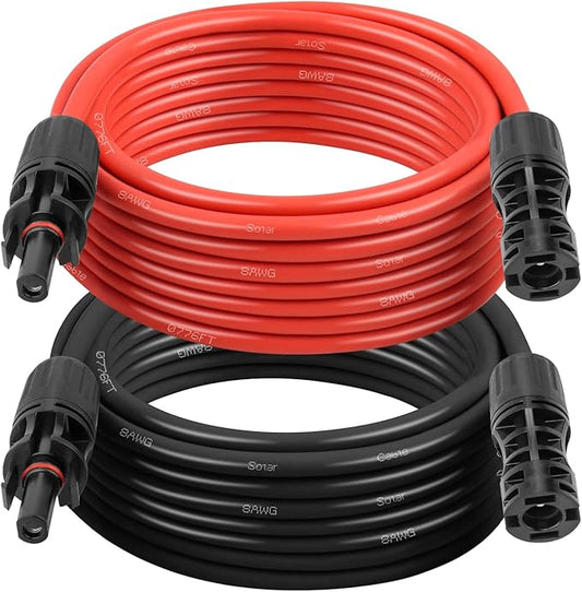 Solar Extension Cable 8AWG 20FT 2-Pack (Red + Black), PV Wire with Male/Female Solar Connectors, Weatherproof Solar Panel Wire for RV, Boat, Inverter, Off-Grid Systems