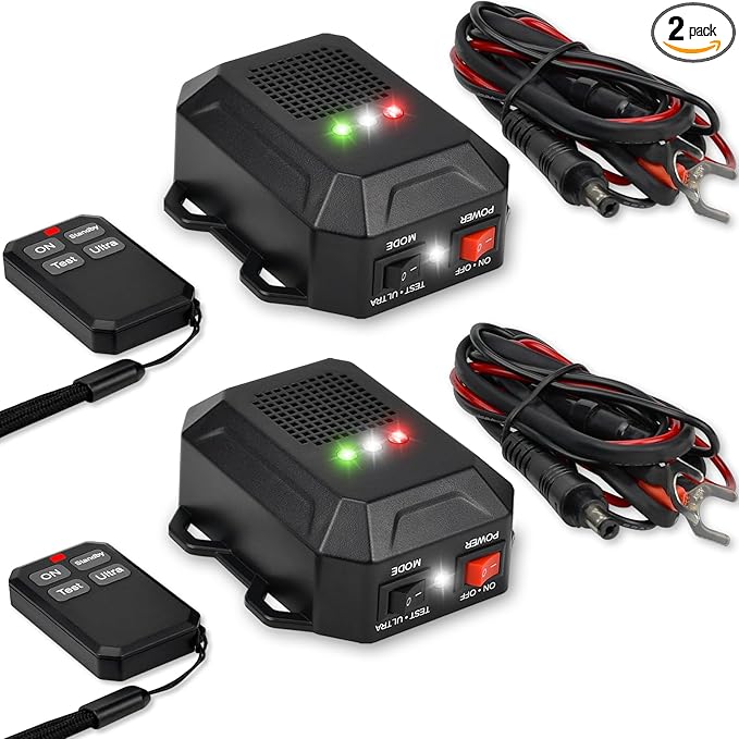 Ultrasonic Rodent Repellent for Car Engines, 12V 24V Wired Ultrasonic Mouse and Rat Deterrent with LED Strobe Lights and Remote Control, Under Hood Animal Repeller for RVs Trucks Vehicles, Pack of 2