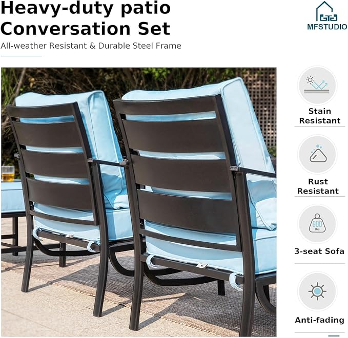 MFSTUDIO 5 Pieces Patio Conversation Sets, Outdoor Metal Furniture Sofas with 1 x 28 50,000 BTU Square Propane Fire Table and 4 x Wrought Iron Frame Swivel Chairs with Blue Cushion