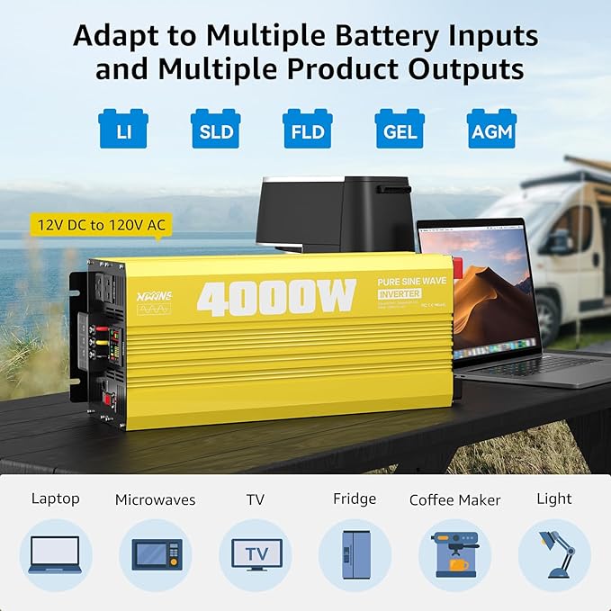 XWJNE 4000W Pure Sine Wave Power Inverter 12V DC to 120V AC Converter with LED Display and Remote Controller for Home, RV, Truck, Off-Grid Solar Power