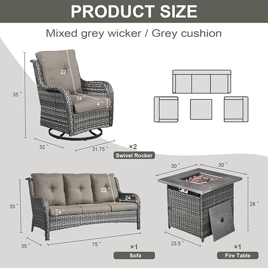 Belord Outdoor Patio Furniture Set with 50000BTU Propane Fire Pit Table, 4 Pieces Wicker Patio Conversation Set with 2 Swivel Rocker Glider Chairs Rattan Sofa Grey Cushion Perfect for Gathering