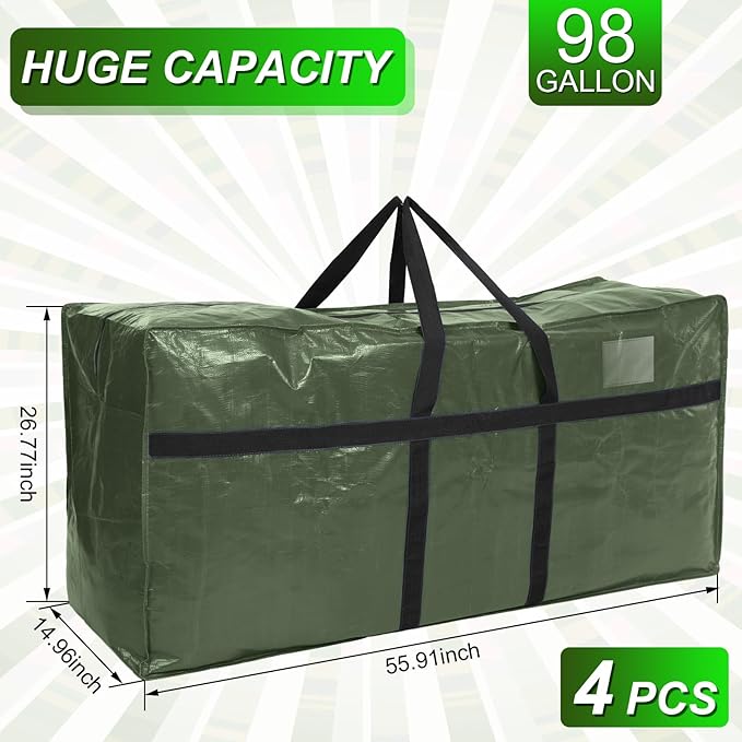Windyun 4 Pack 98 Gallon Extra Large Storage Bags XXL Moving Bags with Zipper Handles Heavy Duty Jumbo Big Tote Box for Christmas Tree Storage 4, 5, 7.5, 9, 10, 12 ft Skeleton College Dorm(Army Green)