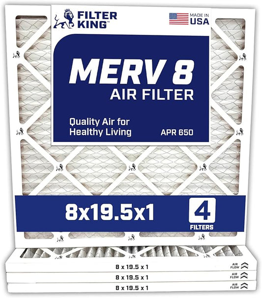Filter King 8x19.5x1 Air Filter | 4-PACK | MERV 8 HVAC Pleated A/C Furnace Filters | MADE IN USA | Actual Size: 8 x 19.5 x .75"